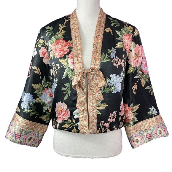 Oscar de la Renta Floral Satin Jacket NEW M Puffy Kimono Tie Waist Boxy Loose - Picture 1 of 16